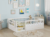 Full Montessori Floor Bed Frame with High Rails, Wood Kids Floor Beds with Light and Storage Shelf, W2593P445207