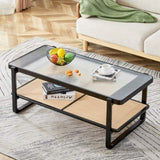 ZUN Modern minimalist rectangular double layer black solid wood imitation rattan coffee table with a W1151119892