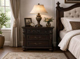 3 Drawer Nightstand Solid Wood Frame Traditional Bedside Table with Carved Details, Dark Cherry B2770P509790