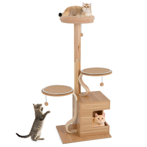 ZUN Wooden Cat Tree Cat Tower with Condo and Washable Cushions 97482277