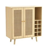 ZUN Bohemian Bar Cabinet, Natural Rattan Doors, Removable Wine Rack in Natural Wood B06481173