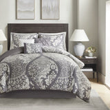 7 Piece Cotton Printed Comforter Set Grey Cal King B03597029