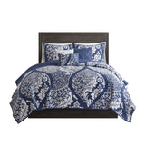 ZUN 6 Piece Printed Cotton Quilt Set with Throw Pillows Indigo Full/Queen B03597520