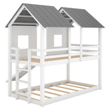 Twin over Twin House Bunk Bed with Slide and Windows,White 56897346