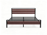 Queen Size Metal Wood Platform Bed Frame, 3-Panel Reddish Brown Wood Grain Headboard with LED Light 45520408