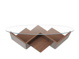 The Round Coffee Table with Glass Top and Geometric Abstract Art Deco Base Storage Shelves, Walnut, N735P350383D