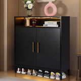 Double Door 6-Layer Shoe Cabinet with High Foot LED Lights Particle Board 80*38*90cm Black 83568642