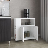 FM FURNITURE Linden Kitchen Cart with Microwave Shelf. Open Storage. and Two-Door Cabinet. White B128P283298