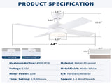 44" Ceiling Fan with Lights & Remote, Matte White Modern Fan, Reversible DC Motor, 6 Speeds, 3-Color W1367P447389