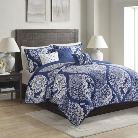 ZUN 6 Piece Printed Cotton Quilt Set with Throw Pillows Indigo King/Cal King B03597521