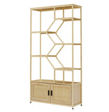 ZUN Rattan bookshelf 7 tiers Bookcases Storage Rack with cabinet for Living Room Home Office, Natural, 81459635