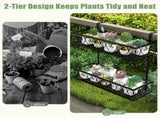 2-Tier Adjustable Railing Plant Stand with Hooks, Metal Hanging Flower Pot Holder for Balcony Porch 58457923