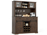 Brown Farmhouse 72" Pantry Cabinet with Hutch, Sliding Barn Doors & Wine Storage Rack 31427693