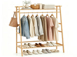 Natural Bamboo Clothing Rack, Multi-Layer Garment Organizer with Top & Bottom Storage Shelves, Side 02619483