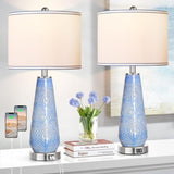 Modern Table Lamp Set of 2 Touch Control, 27" Tall Blue Art Ceramic Bedside Lamp with USB Ports, W3355P323228
