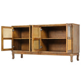Retro 4-Door Sideboard with Large Storage Space Artificial Rattan Doors and Transparent Glass, W2696P256248