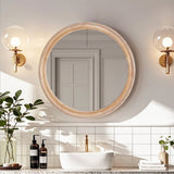 27.5 inches Round Wall Mirror for Bathroom Vanity, Wooden Farmhouse Circle Mirrors for Bedroom, W2295P339108