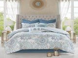 8 Piece Cotton Floral Printed Reversible Comforter Set Blue Cal King B03597067