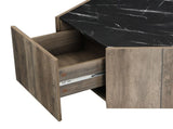 Hexagonal Rustic Retro Wood Coffee Table, with 2 Hidden Drawers, Textured Black Marble Tops, Light N770P309823L