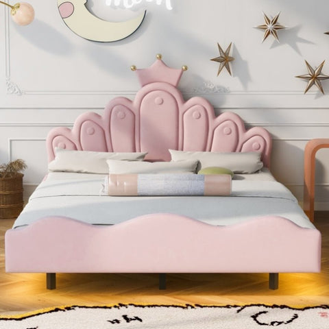 ZUN Full size crown-shaped princess bed, soft PU leather padding, adjustable LED ambient light strip, WF319403AAH