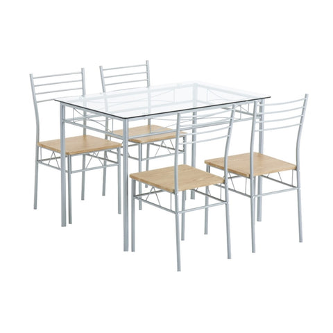 ZUN [110 x 70 x 76cm] Iron Glass Dining Table and Chairs Silver One Table and Four Chairs MDF Cushion 95820991