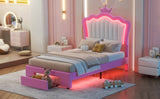 Twin Size Upholstered Bed Frame with LED Lights, Modern Upholstered Princess Bed with Crown W2770P190376