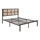 1pc Queen Platform Bed, Metal Frame Dark Bronze Finish Faux Cane Panel Headboard Casual Coastal B011P214030