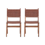 ZUN Upholstered Dining Chair Set of 2, Genuine Leather Woven Side Chair, Rustic Hardwood Frame, Brown B011P198369