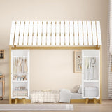 Wooden Twin Size House Bed with Fence and Roof, Kids Floor Bed with Two Movable Wardrobes, Natural N733P240134M