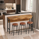 3-Drawer Long Dining Table Set with Power Outlets, Bar Kitchen Table Set with Circular PU Stools, W757134229