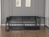 Corner Bed Frame Twin Size with Bookcase and 2 Underbed Storage Drawers, Modern Twin Bed with LED W1670P357170