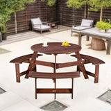 ZUN Outdoor 6 Person Picnic Table, 6 person Round Picnic Table with 3 Built-in Benches, Umbrella Hole, W2275P149763