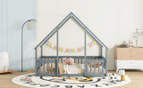Full Wood House-Shaped Floor Bed with Fence, Guardrails,Grey W504P143293