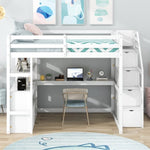 ZUN Full Size Loft Bed with Desk and Shelves, Two Built-in Drawers, Storage Staircase, White 48024197