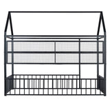 Twin Size Metal Bed House Bed Frame with Fence and Shelves, Black N737P175360B