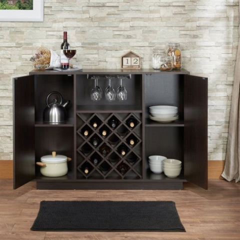 ZUN Espresso 2-Door Wine Cabinet with Stemware Rack B062P215513