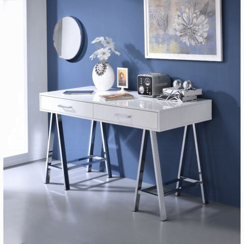 ZUN White High Gloss and Chrome 2-Drawer Writing Desk B062P209203