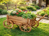 Vintage Wood Flower Pot Stand Wagon Cart with Drainage Hole 44LBS Capacity for Indoor Outdoo 35797898