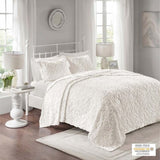 3 Piece Tufted Cotton Chenille Bedspread Set Off-White Full/Queen B035129061
