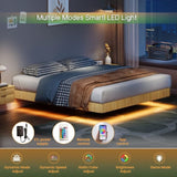 Oak King Floating Bed Frame with LED Lights, Wave Curve Wood Texture Bed with Heavy Duty Metal Slats W1820P333577