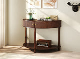 Artisan-Crafted Wave-Pattern Demi-Lune Console Table with Brown Woodgrain,Unique Half Moon Design 00611701