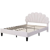 Full Size Upholstered Platform Bed with Flower Pattern Velvet Headboard, Beige 70479085
