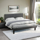 Dark Gray King Size Tufted Platform Bed Frame - Linen-Like Upholstery with Horizontal Stripe 06319378