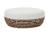 Willow 25" Round Upholstered Woven Patio Ottoman, Golden Brown Wicker Frame, Wheat Beige B2719P305701