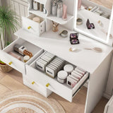 White dressing table, mirror and LED light, 5-drawer dressing table, movable and hidden mirror, W2700P297924