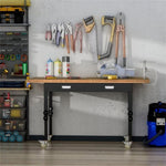 ZUN 59" Garage Work Bench with Drawer and Wheels, Height Adjustable Legs, Bamboo Tabletop Workstation 83658892