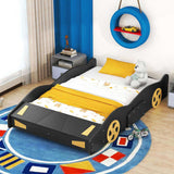 Full Size Race Car-Shaped Platform Bed with Wheels and Storage, BlackYellow WF305760AAB