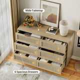 ZUN Rattan 6 Drawer Dresser for Bedroom, Wood Dresser & Chest of Drawers with Metal Handles 51" W2181P270056