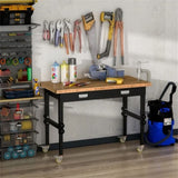 ZUN 47" Garage Work Bench with Drawer and Wheels, Height Adjustable Legs, Bamboo Tabletop Workstation 55699608