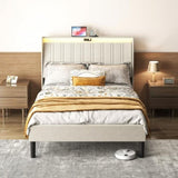 Twin Size Platform Bed Frame with Fabric Headboard and Wooden Slats Support, Fully W2889P272594
